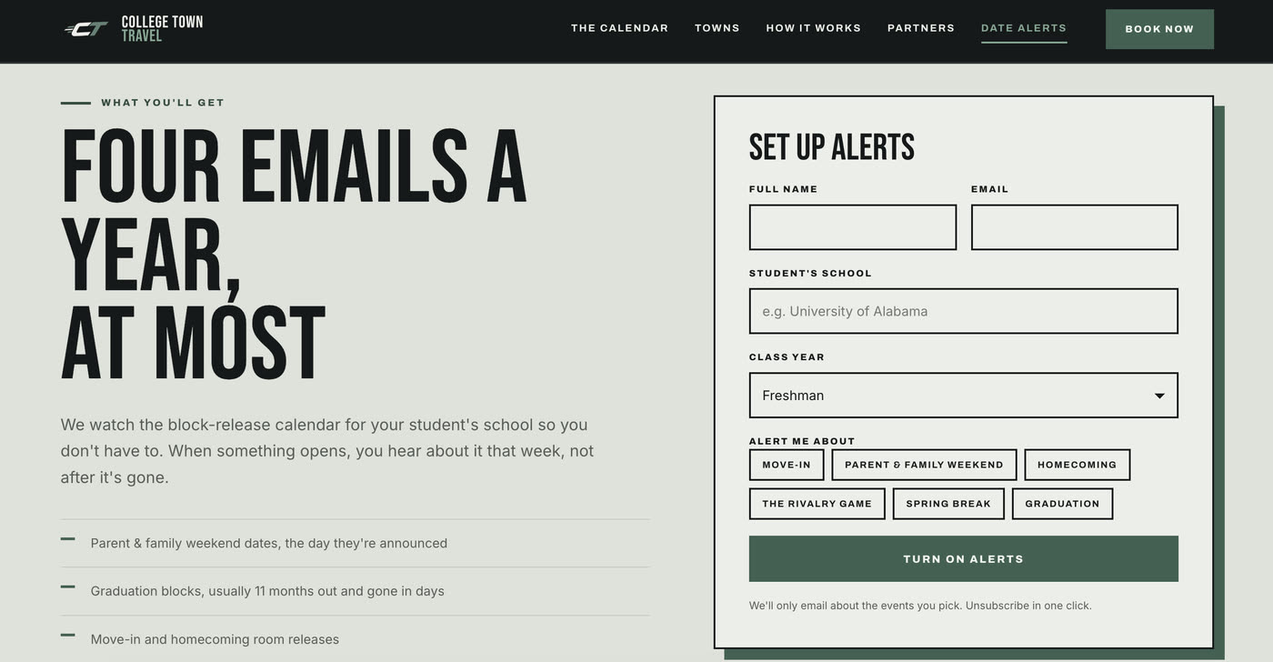 The date-alerts sign-up form, headed &ldquo;Four emails a year, at most&rdquo;, asking for the student&rsquo;s school and class year.