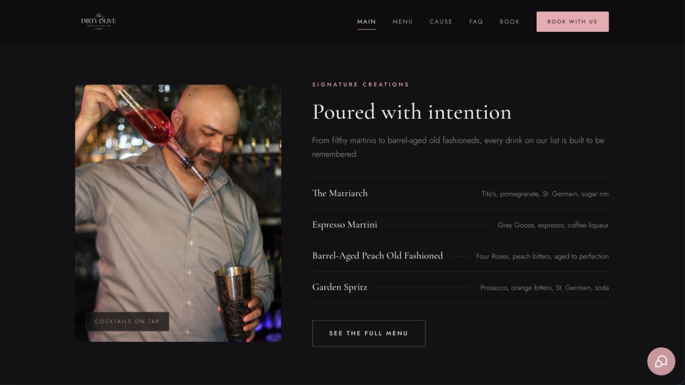 The Dirty Olive&rsquo;s signature cocktail list, headed &ldquo;Poured with intention&rdquo;.