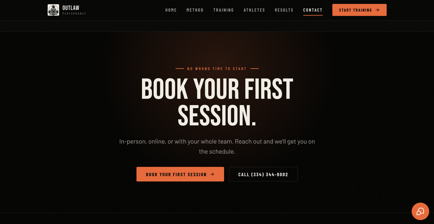 The Outlaw Performance contact page: &ldquo;Book your first session&rdquo;, with booking and call-now buttons.