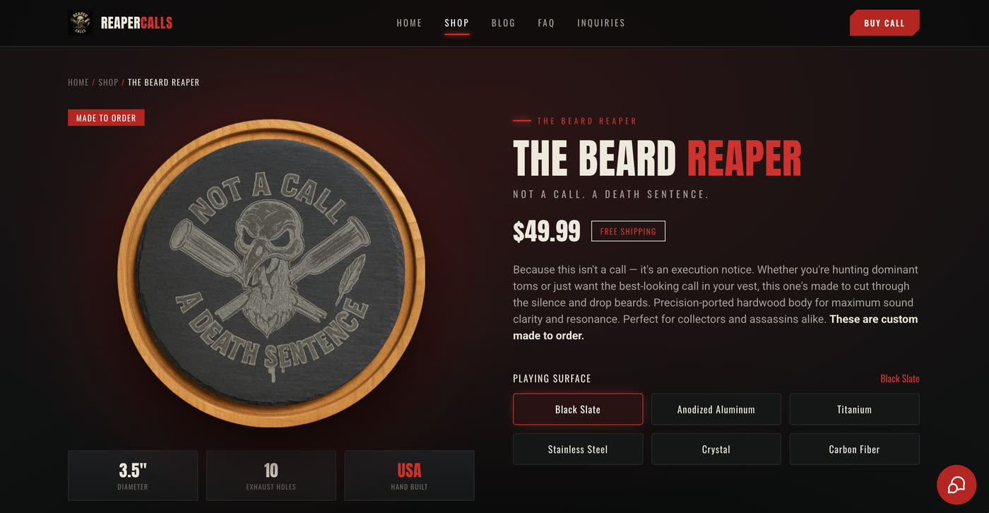 The Beard Reaper product page at $49.99, with made-to-order playing-surface options from black slate to carbon fiber.